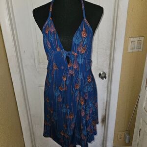 Free people blue and orange peacock 🦚 feather print backless dress size S